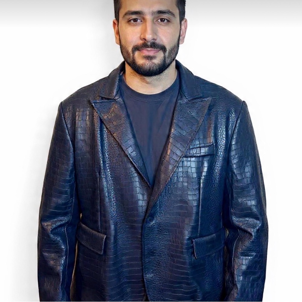 Giovanco Men's Navy faux leather Crocodile-Pattern Blazer